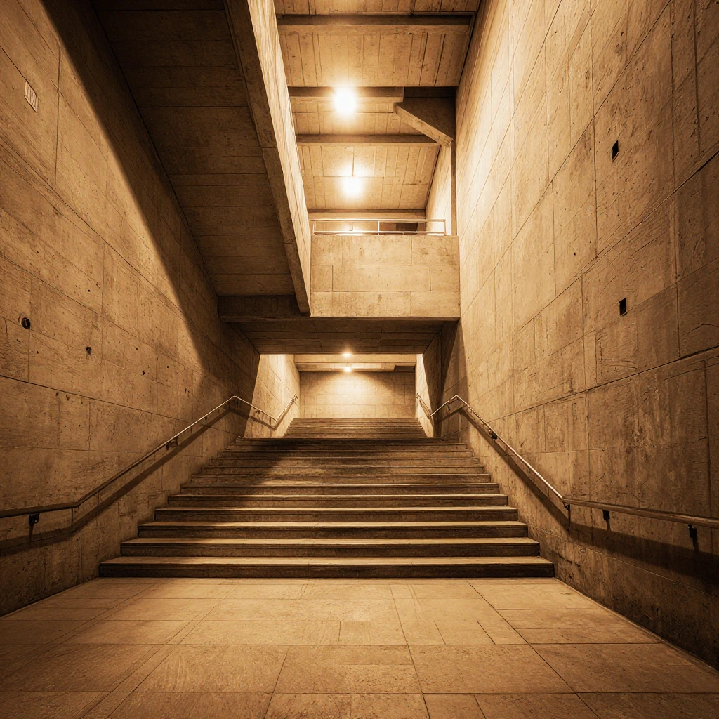 Wide shot of an empty concrete stairwell at night with distorted perspective, warm amber lighting creating elongated shadows on the walls