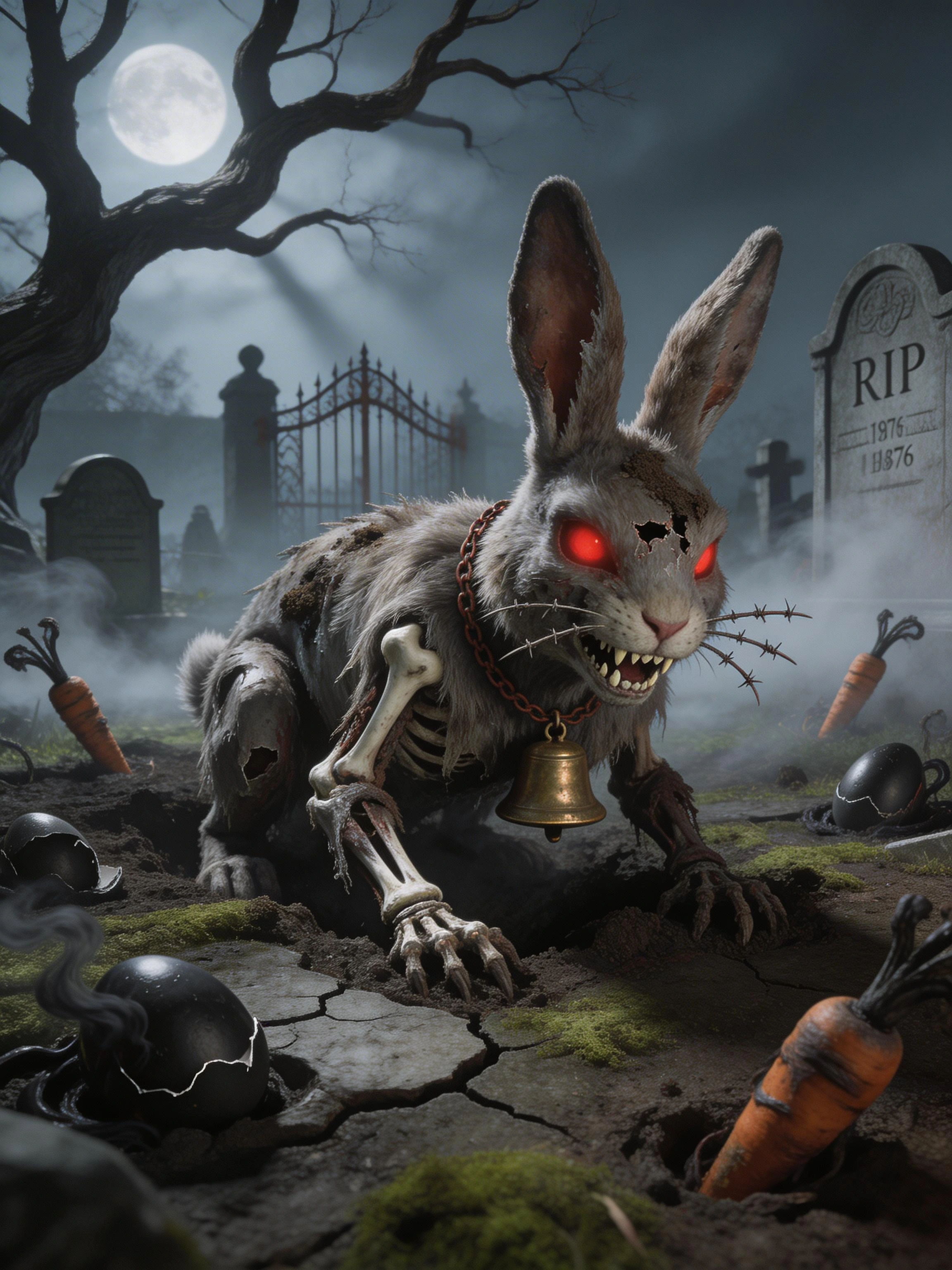 A grotesque undead Easter bunny emerging from cracked, moss-covered earth, tattered fur matted with grave soil and decay, skeletal limbs wrapped in rotting sinew, hollow eye sockets glowing with malevolent crimson light, antique brass bell around its