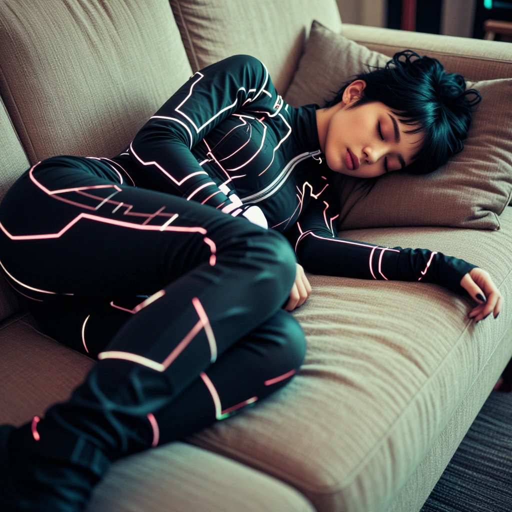 hacker girl in neon black jumpsuit laying on the couch sleeping passed out,