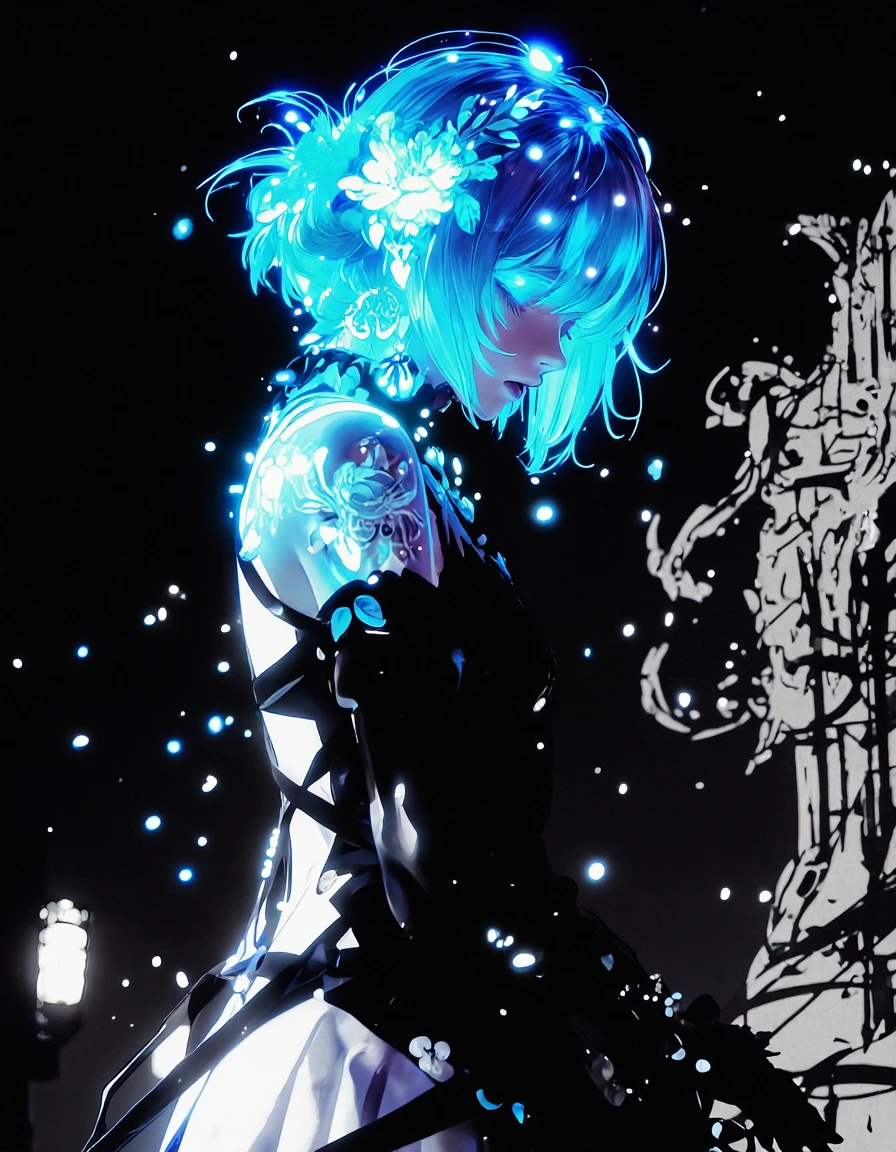 # Luminescent Fantasy A striking anime character radiates ethereal beauty against a starlit void. Her flowing blue hair glows with cyan luminescence, adorned with delicate flowers that echo her ethereal nature. Intricate floral tattoos wind across he