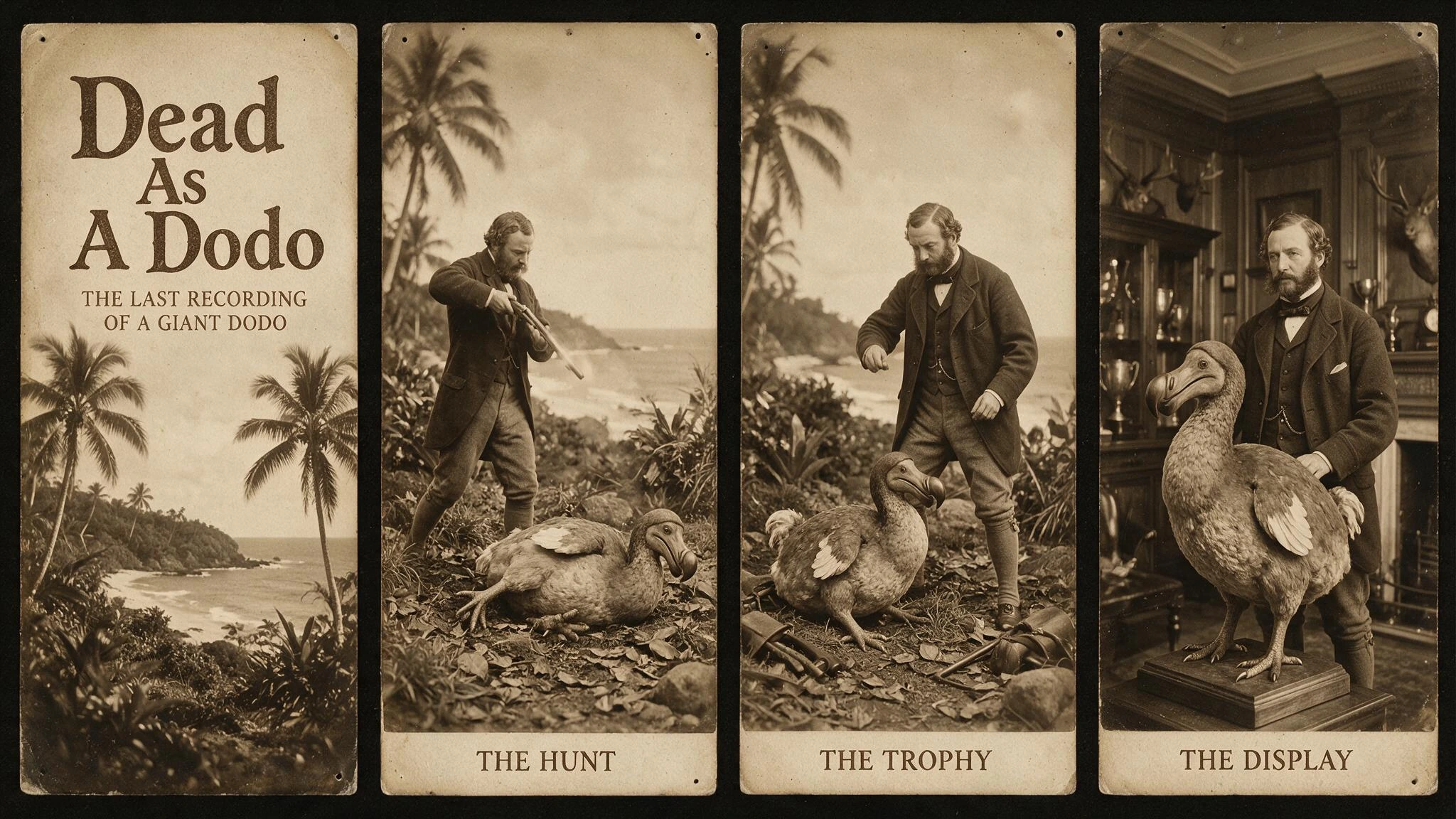 the last recording of an extinct bird; Title "Dead As A Dodo" In a multi-panel image Lord Ruxton the stereotypical 19th century Victorian Great White African Hunter complete with mutton chops shoots the last giant dodo in the world and poses with the