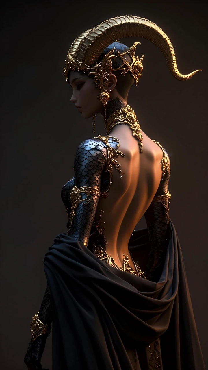 A striking fantasy gothic character shown in side profile, bare back exposed with smooth semi-metallic skin transitioning into a dark marbled scale-li