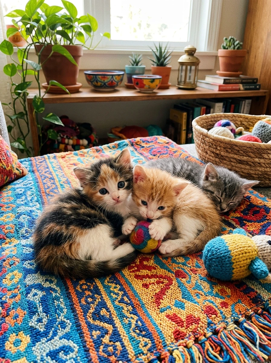 Amateur photo of the cutest tiniest kittens in the world. Colorful background. Beautiful decor.