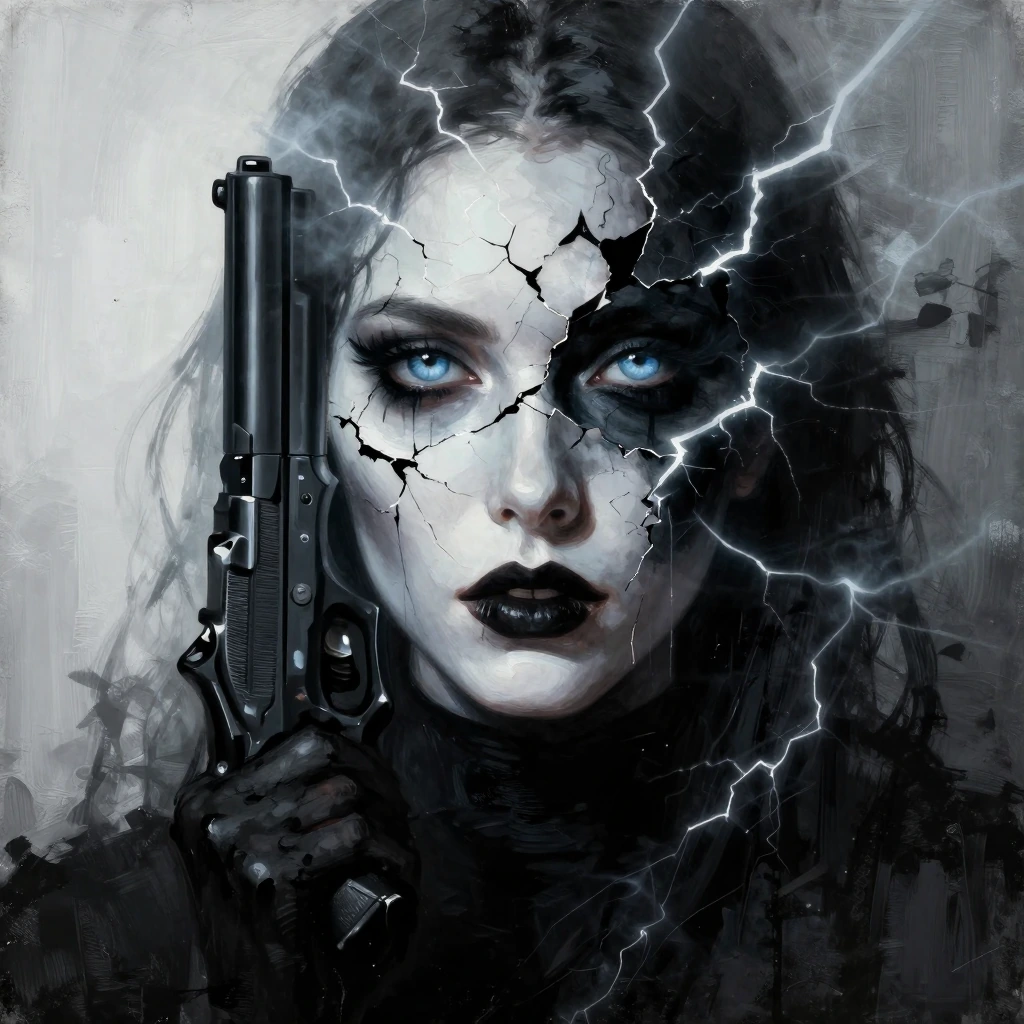 A striking portrait merges digital artistry with noir aesthetics. A figure's face is fragmented by jagged, lightning-like cracks spreading across pale skin, creating an illusion of emotional or psychological breakdown. Piercing ice-blue eyes penetrat