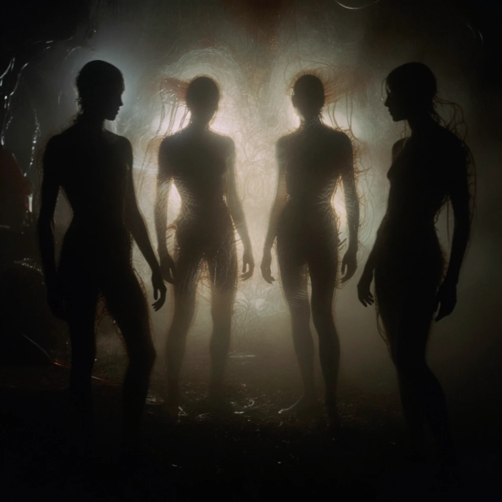 Tenebrous void, scintillating silhouettes of four morphologically aberrant entities, chiaroscuro composition, contre-jour backlighting casting phosphorescent aureoles, distorted anatomical forms rendered in oblique shadow, tenebrism aesthetic, gossam