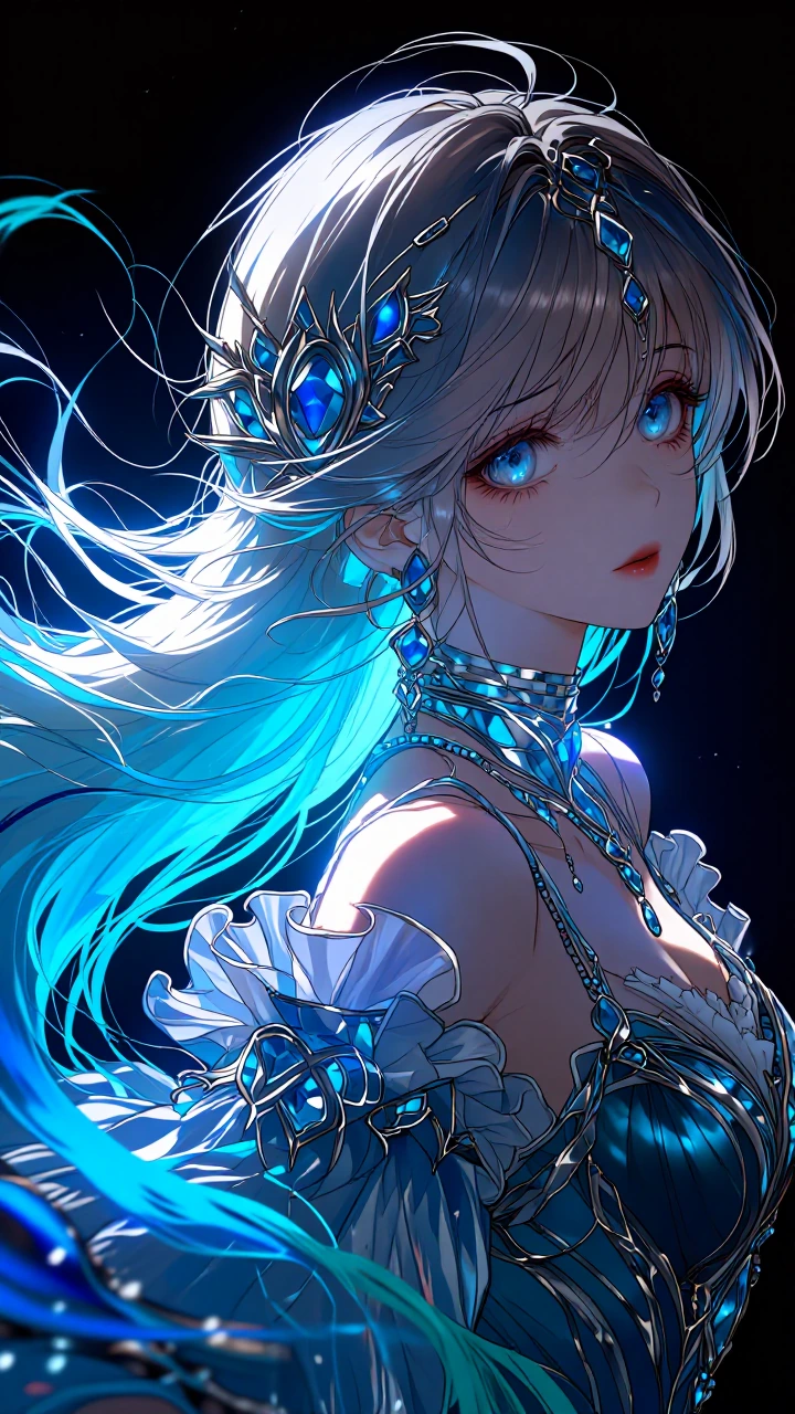 Masterpiece, best quality, ultra-detailed 8K 3D anime illustration, dramatic cinematic close-up portrait with soft glowing rim light and sparkling particles. Alexis Sterling in elegant side profile close-up. Long flowing platinum-blonde hair with vib