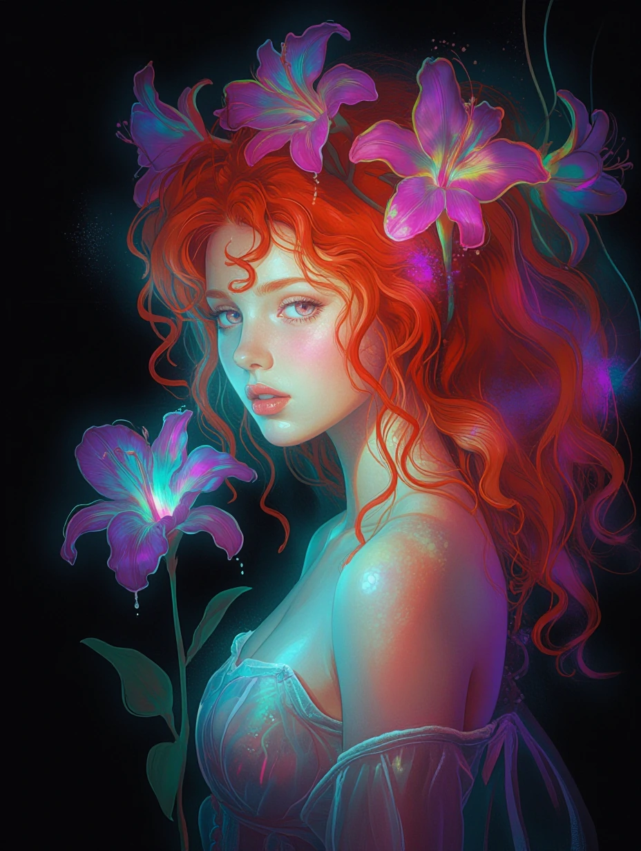 masterpiece, best quality, very aesthetic, semi-realistic illustration, flat color palette, no lineart, bags under eyes, solo girl with voluminous curly red hair, looking at viewer, upper body portrait, side angle view, black background, single ether