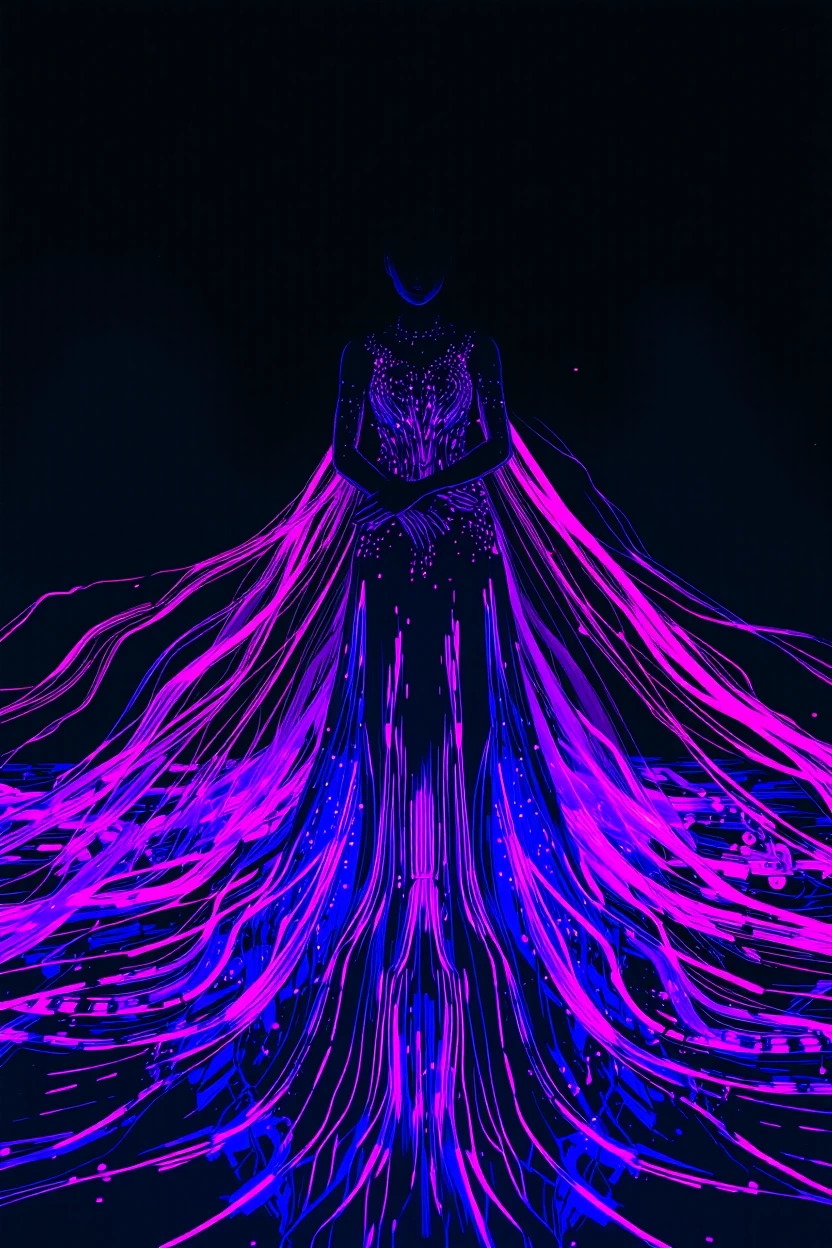 A woman wearing a floor-length gown constructed entirely of thousands of tiny programmable RGB LEDs in ultraviolet and electric violet tones, the lights arranged to ripple and cascade like liquid across the fabric in waves that respond to invisible c
