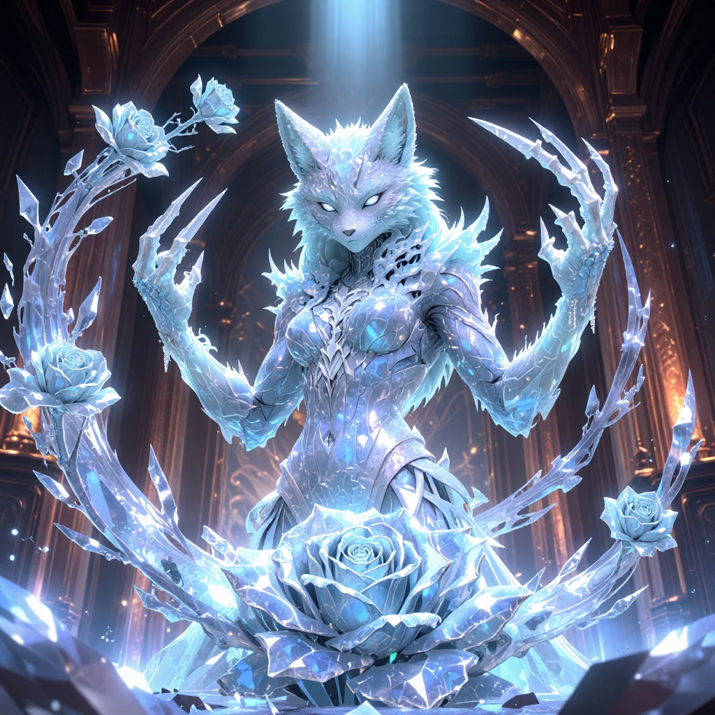 ice fox warrior with crystalline fur that glows pale blue-cyan, dual ice rapier claws — long, sharp,…