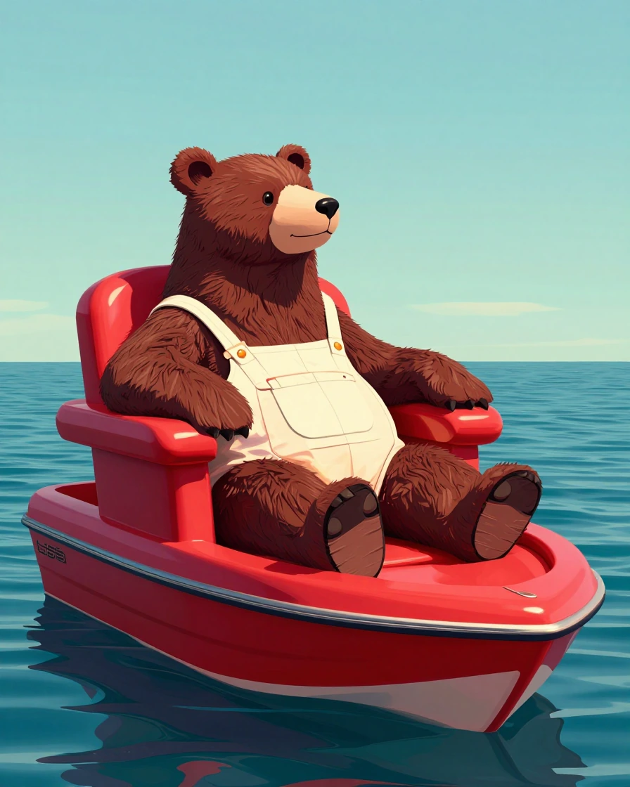 A bear dressed as "Yogi the bear," is sitting in a huge chair on a beautiful candy apple red, fiberglass bass boat dreaming of an ocean it never saw