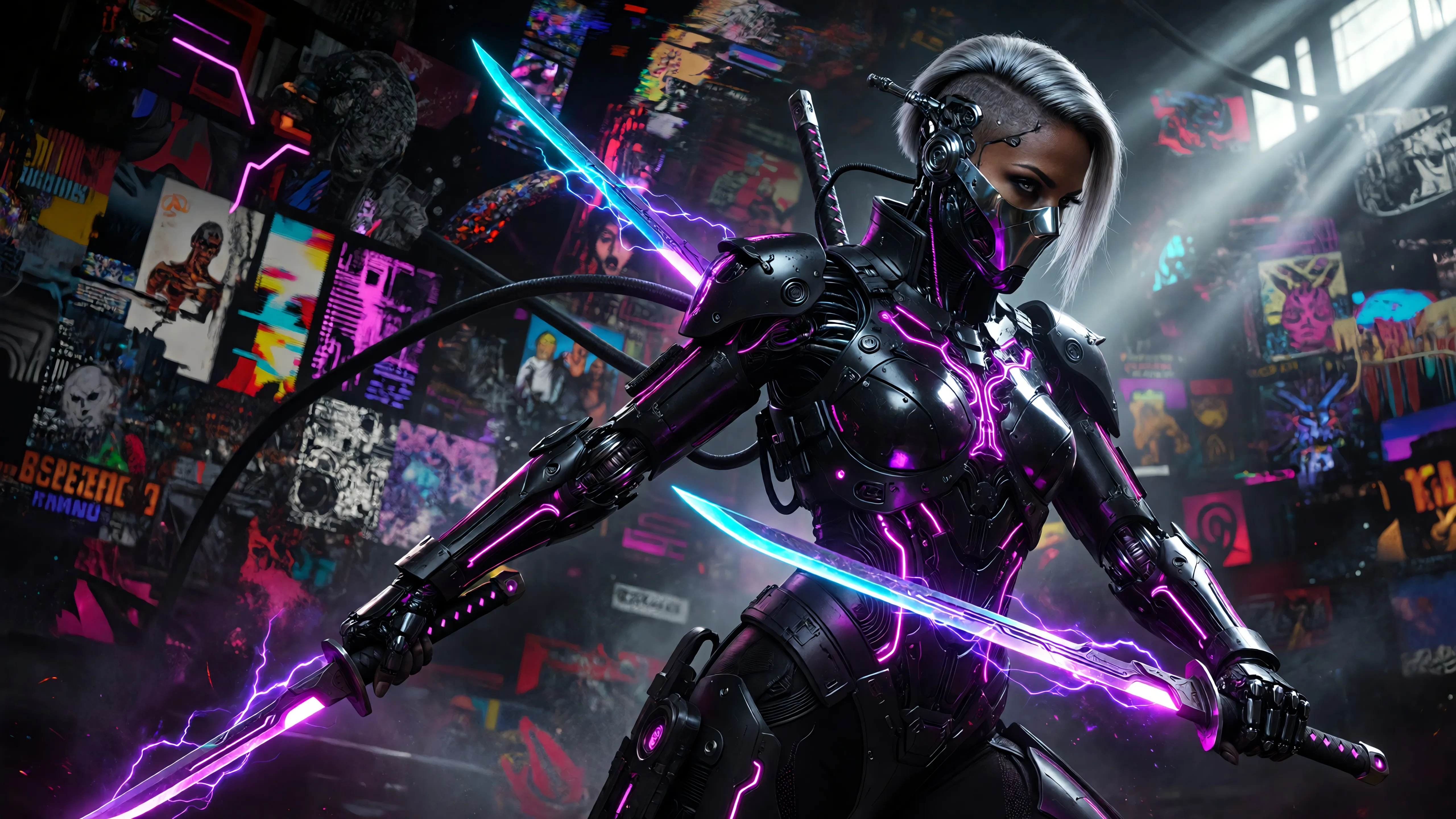 Female cyborg assassin with dark skin and silver undercut hairstyle, dressed in gothic-inspired form-fitting cyber suit with glowing magenta and purpl