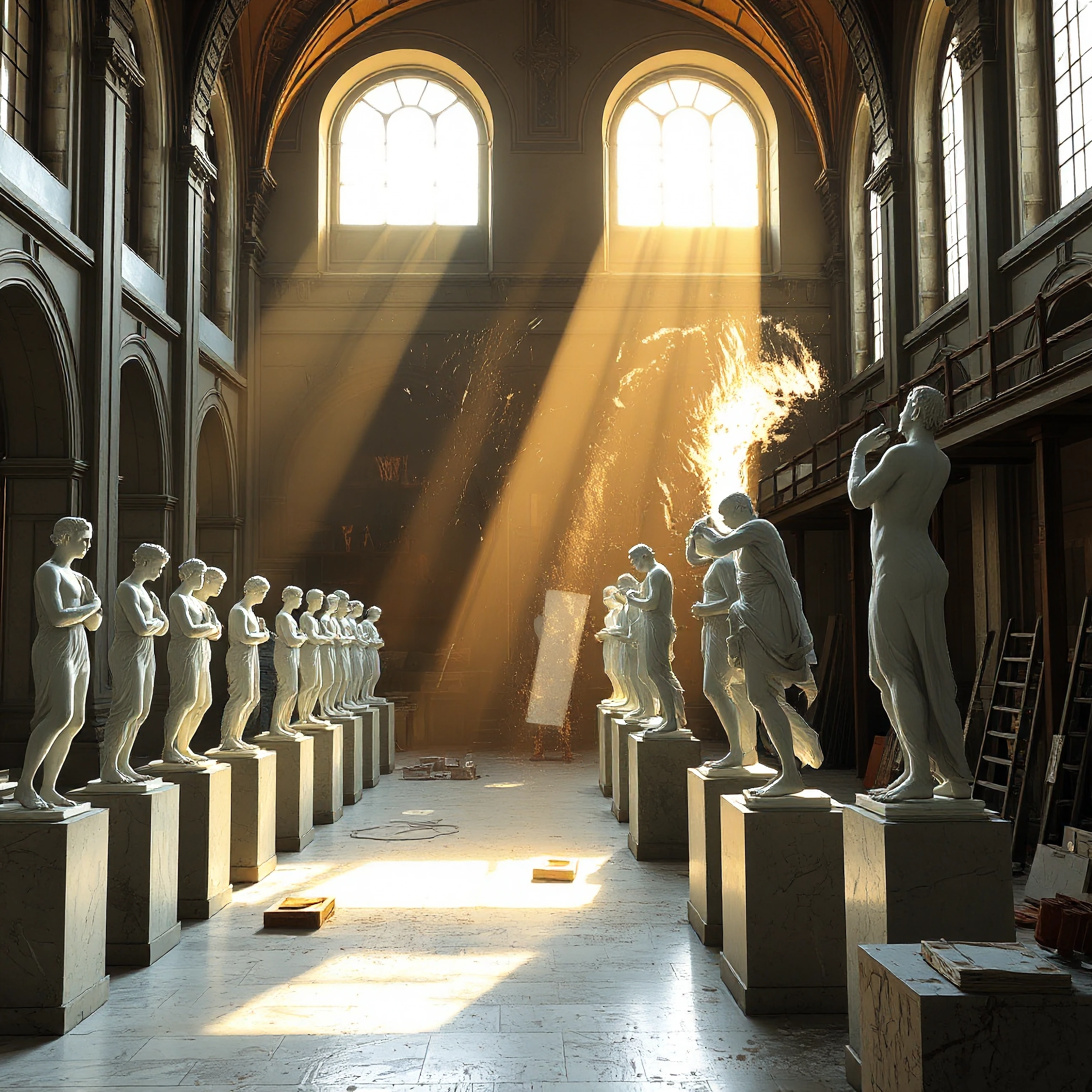 A magnificent Renaissance sculptor's workshop bathed in warm afternoon light streaming through tall arched windows, marble sculptures of classical fig