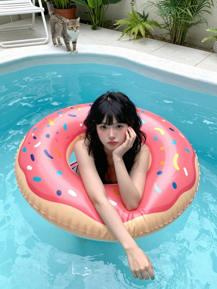 Crazy girlfriend black hair with bangs floating in a pool on a brightly colored doughnut floaty. Her cat is beside the pool on a chair.