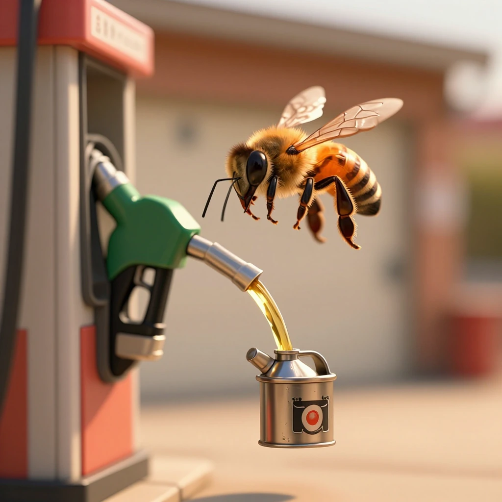 A bee in sharp focus hovering directly in front of a miniature gas pump no taller than a thimble, its proboscis extended toward the pump nozzle as golden liquid streams into a tiny metal jerry can held in its front legs, rendered in hyperrealistic ma