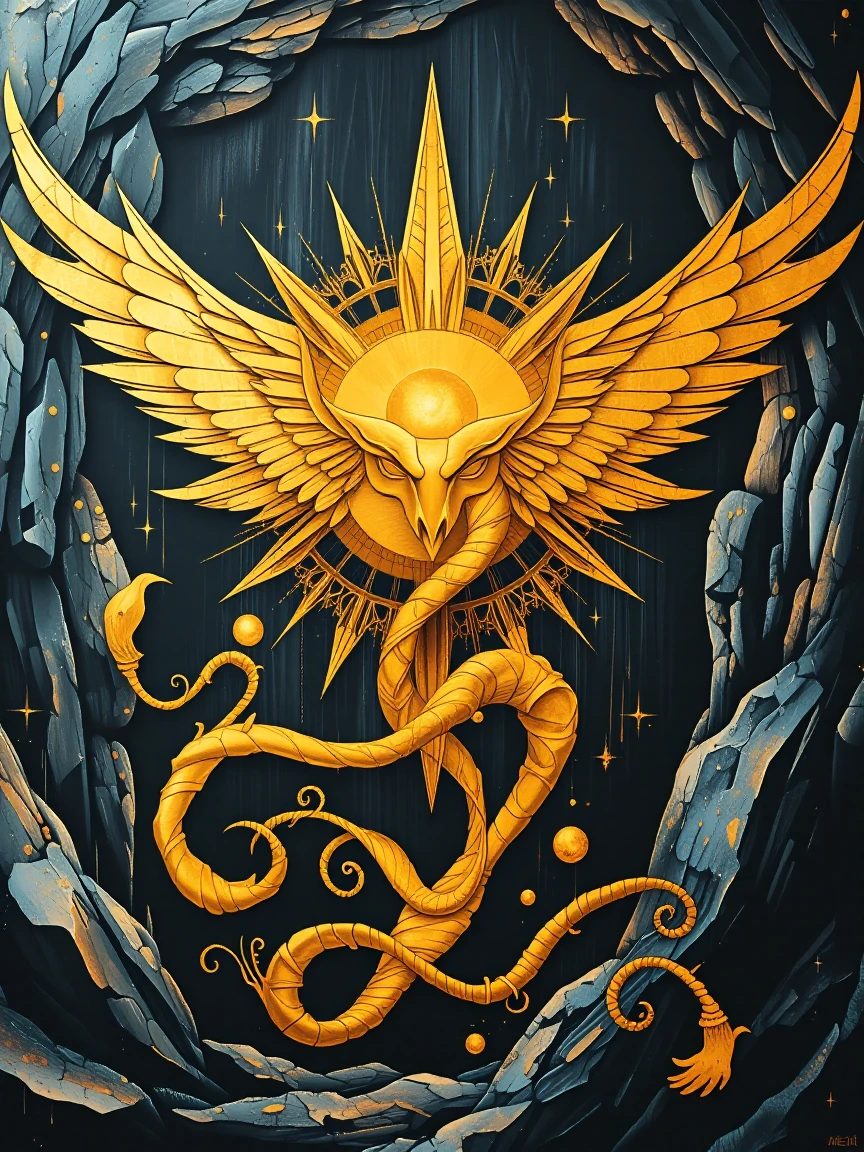 An original giant black canvas with a golden harpies cave no watermarks