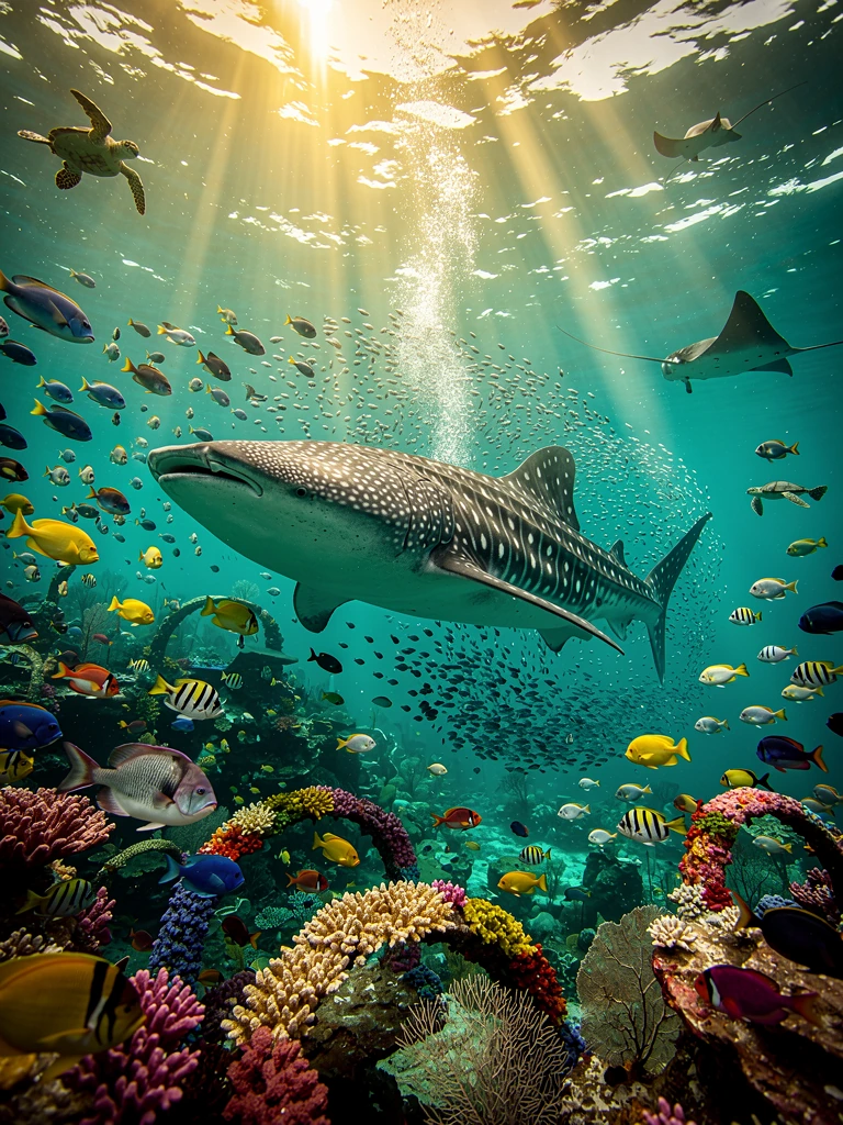 A scientifically accurate adult whale shark gracefully gliding through a breathtaking tropical coral reef, the gentle giant dominating the composition while surrounded by thousands of colorful tropical fish, golden sunbeams piercing crystal-clear tur