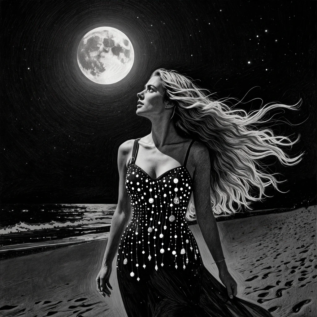 On a vast, shimmering beach, grains of sand pulse like infinite silver dots under the gaze of a full moon, radiant and whole, suspended in a velvet ni