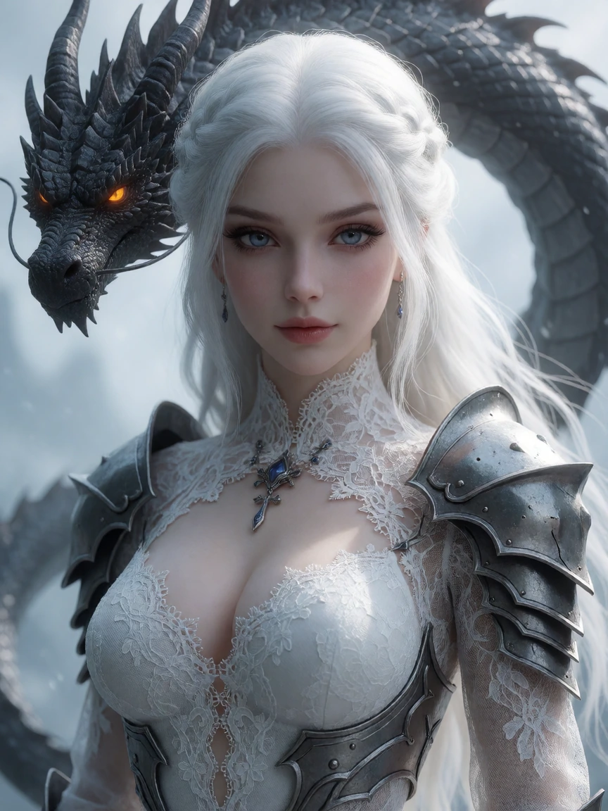 Beautiful platinum woman, thin armor and lace, dragon