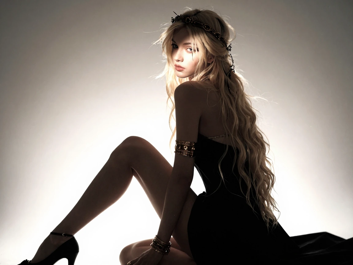 high aesthetic, beautiful face, 1girl, sultry, depth of field, bracelet, gold bracelet, blonde hair, long hair, black dress, armlet, looking at viewer, looking back,, dress, circlet, braid, parted lips, bare shoulders, underwear, hair over shoulder, 