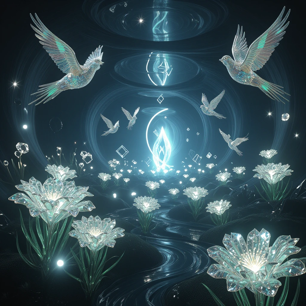 Ethereal dreamscape with towering diamond-shaped flowers, crystalline petals catching prismatic light, surrounded by surreal inverted terrain folding 