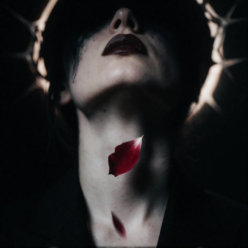 extreme close-up of a pale throat and jawline, black eclipse halo directly behind head like a crown of thorns made of pure shadow, total darkness everywhere, single crimson petal falling in slow motion, skin wet with ash, intense blacks crushing shad