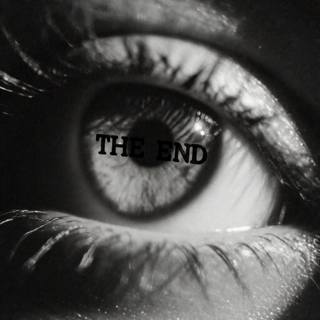 Extreme close-up of a human eye with "THE END" stamped across the iris, black and white cinematic photography, gritty texture with water droplets and dust particles, dramatic high contrast lighting, surreal and haunting atmosphere, grainy film noir s