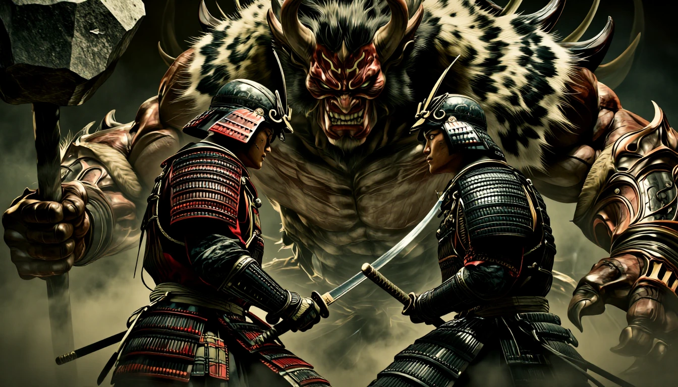 The Crimson and Azure coloured Samurai and the massive hyper-muscular horned Oni face each other ready to fight, standing in profile to the camera, the Samurai wields his Katana honourably while the Oni wears animal hides and wields a great stone mac
