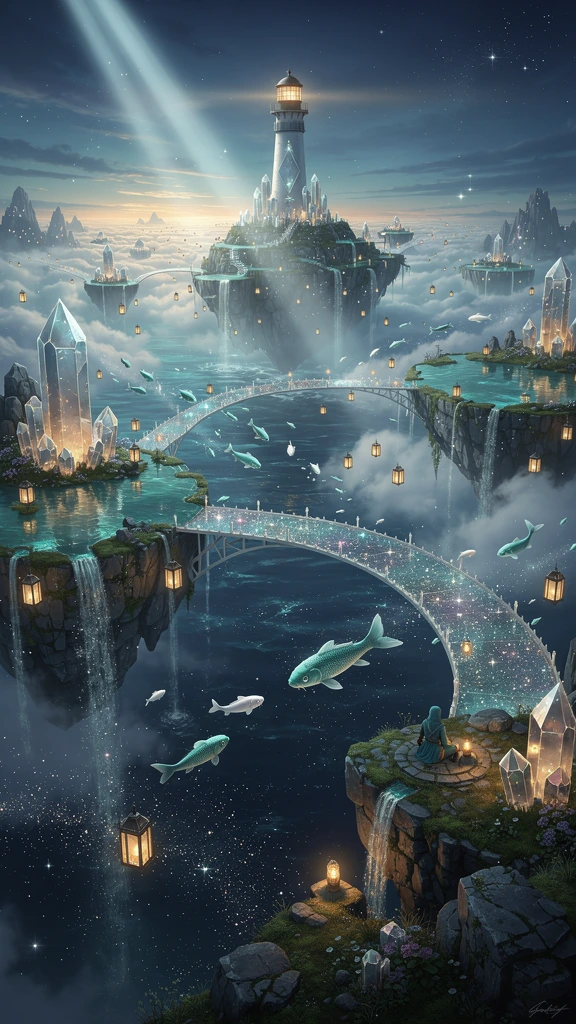 A breathtaking fantasy realm featuring an endless floating sea above the clouds, scattered islands connected by shimmering bridges of starlight, towering crystal lighthouses casting magical beams across glowing mist, thousands of floating lanterns re