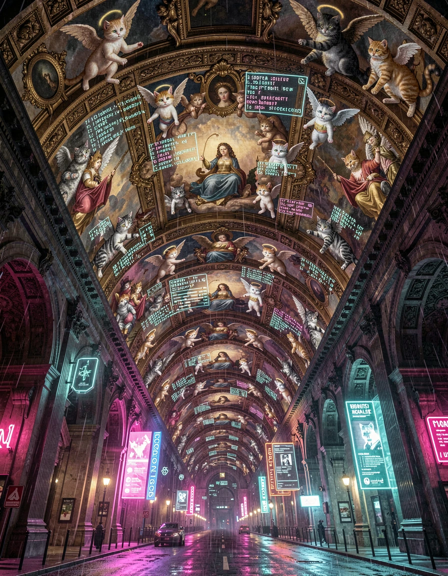 Bonus Bite: Baroque Fresco + Glitchcore Catuality Ceiling murals of divine feline chaos pixelate live through AR overlays, Raphael-style cherubs buffe