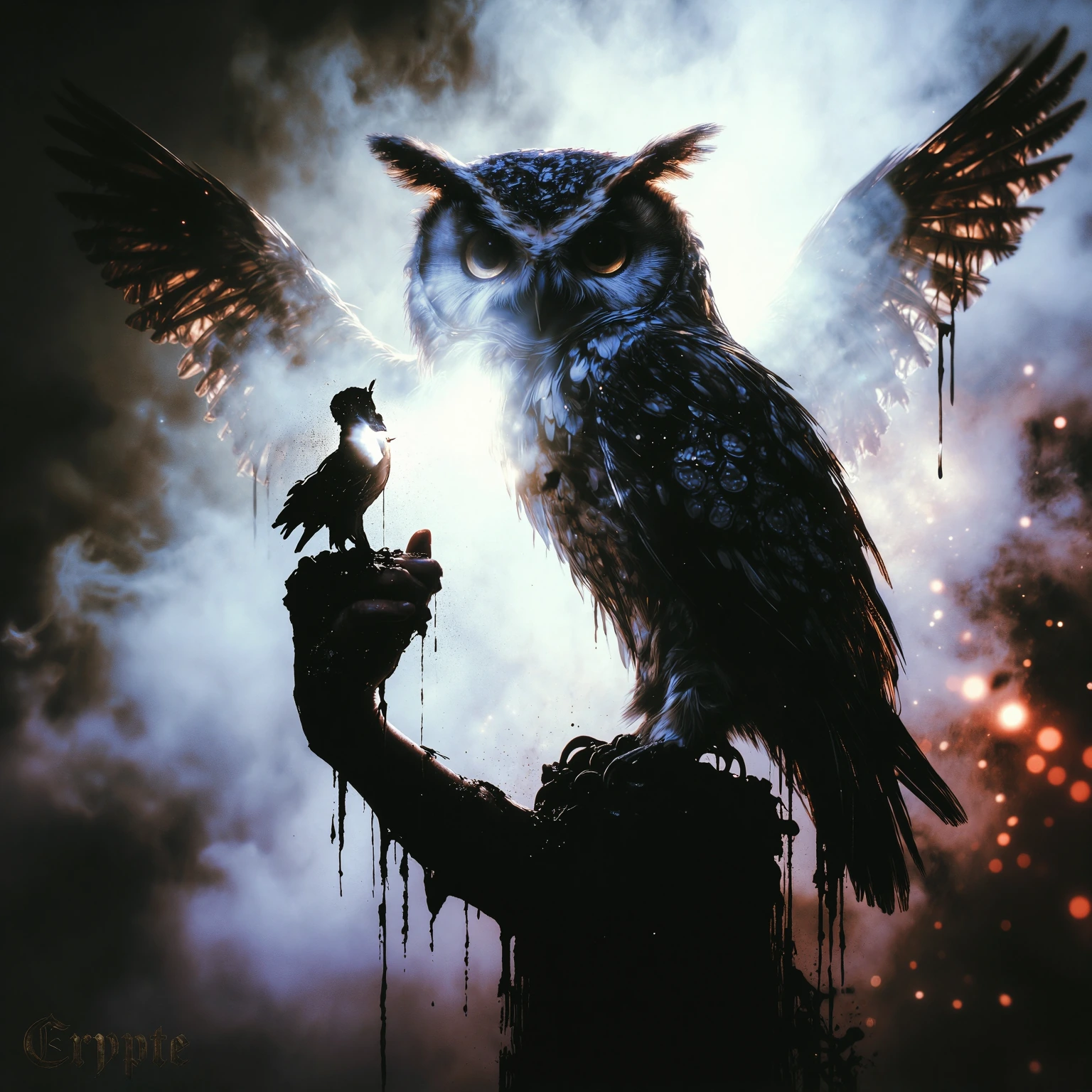 Art purifies our souls from the dust of everyday life… It is in this spirit that we create a striking, expressive and sombre image, in the style of #Edgar Poe Create a masterpiece on the theme "owl spirit". The signature “Crypte” in the bottom left-h