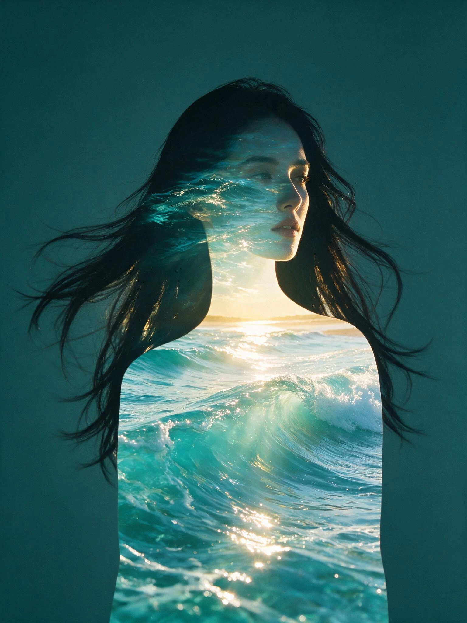 Capture a striking portrait of a beautiful woman with long, dark flowing hair, her silhouette used as a masking window revealing a vivid ocean scene inside her form—turquoise waves, sunlight glinting off the water's surface, soft foam curling near a 
