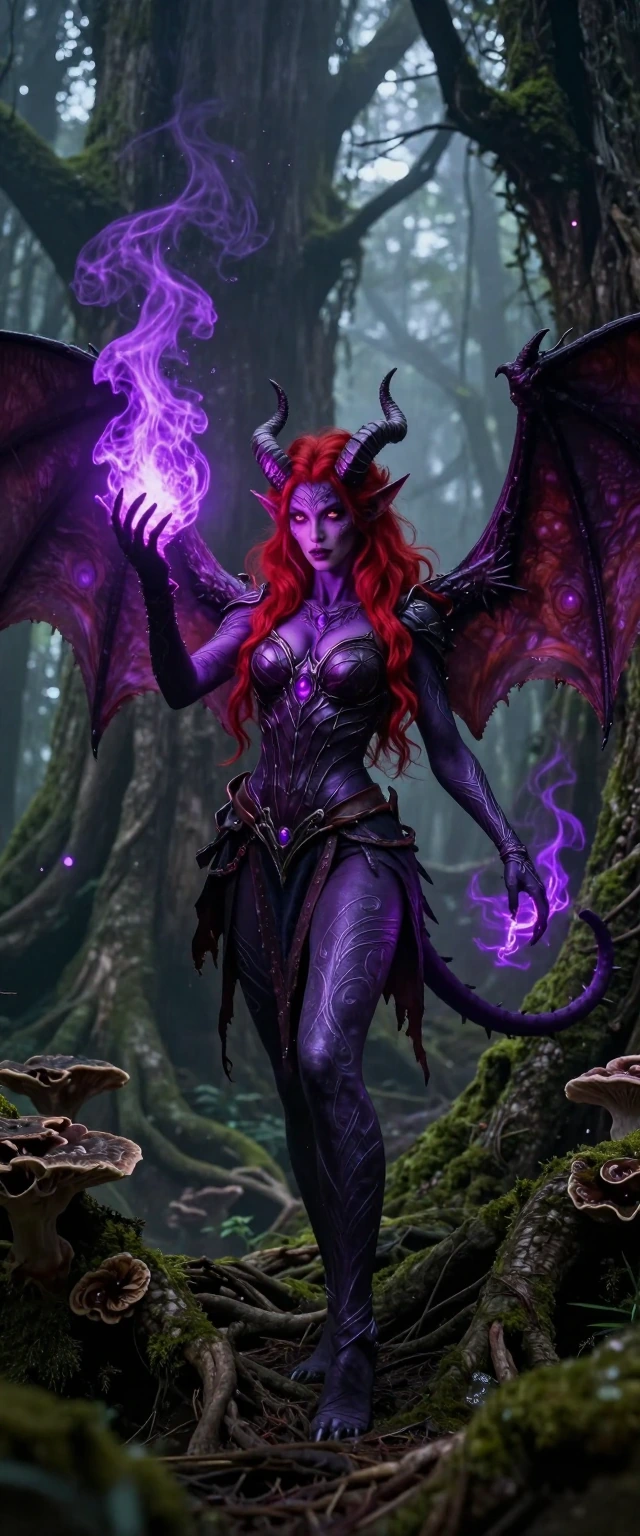 ​A highly detailed, photorealistic, cinematic fantasy photograph of a beautiful and fierce female demon-sprite. She has deep charcoal-purple skin with intricate, subtle silver and grey filigree patterns, wild, flowing crimson-red hair, curved dark ho