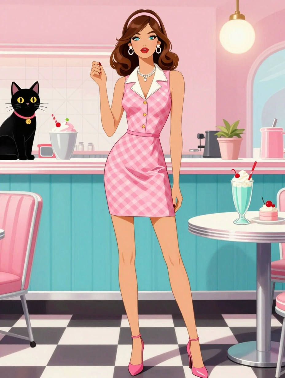 Fashion illustration 70s style minidress, diner, milkshake, cat