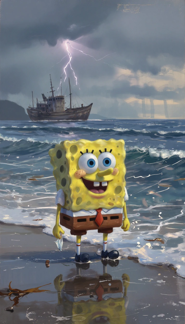 A photo-realistic 3D rendering of SpongeBob SquarePants with a classic happy expression, wearing his shirt and tie, standing on a gloomy, dark-colored sandy beach at the water's edge. His feet are in the foamy, shallow surf, and there's a clear wet r