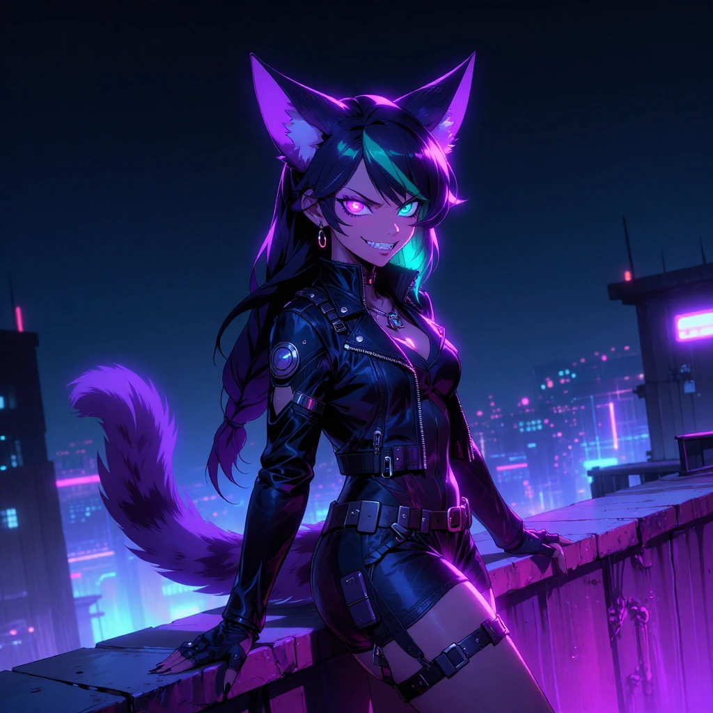 neon-drenched rooftop at night, cyberpunk cat-girl with long dark hair streaked purple and teal, one bright purple eye and one bright teal eye with that mischievous rebellious smirk, large expressive cat ears with matching inner fur, fluffy streaked 