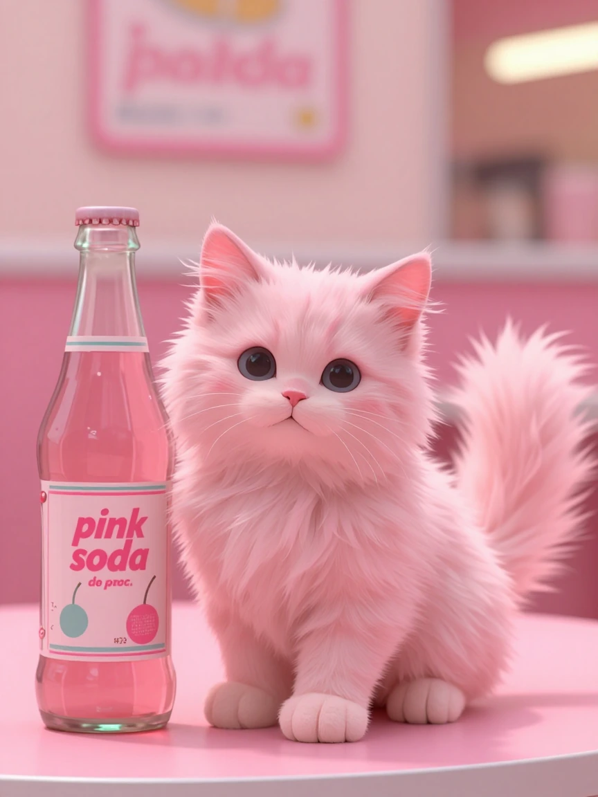 Cute, long haired, fluffy, realistic, pale pink kitten with a big fluffy tail in front of a vintage looking soda pop bottle that has the words “pink soda“ on it. Pale pink cafe background,