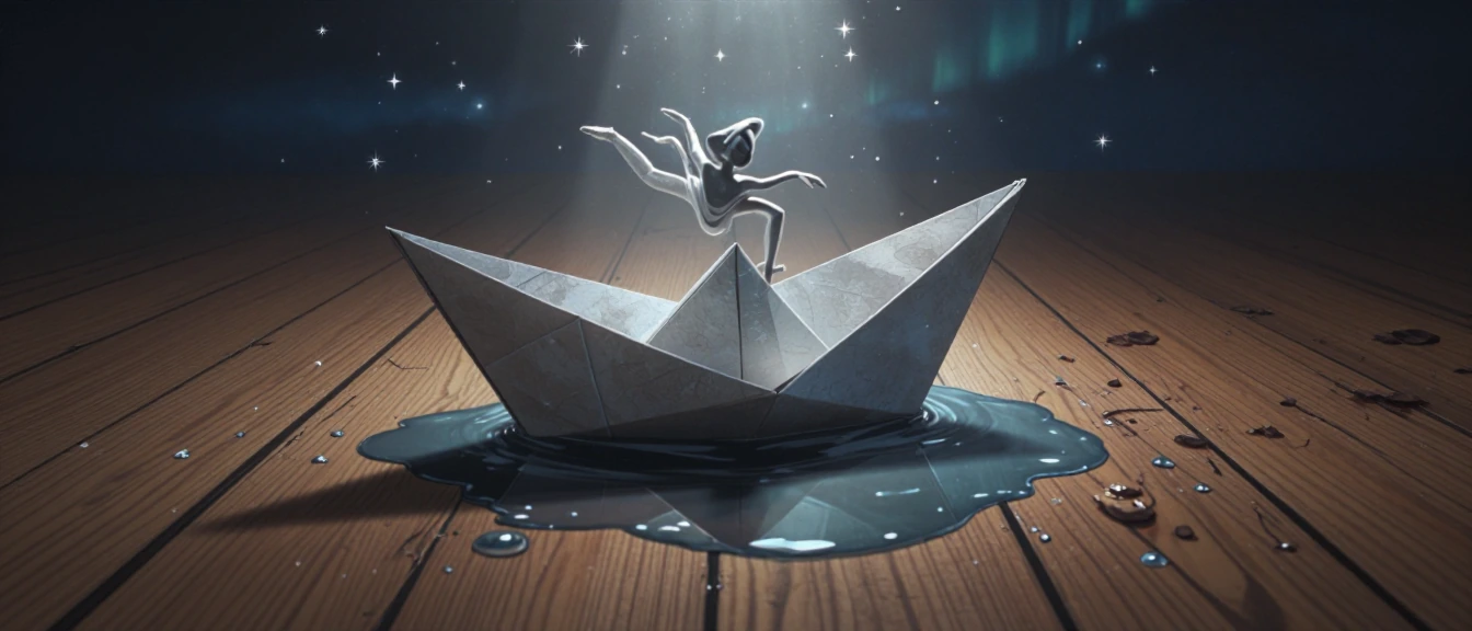 Cinematic keyframe of "The Last Dance of a Paper Boat" — a hauntingly poetic and surreal scene. A small, fragile paper boat performs its final, graceful dance on the surface of a single, oversized teardrop that has fallen onto an old, cracked wooden 