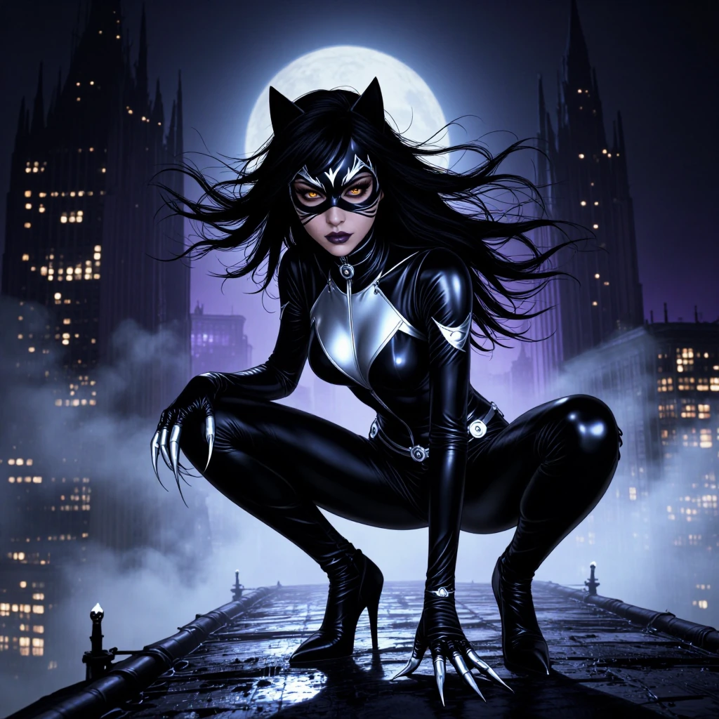 sleek catwoman in form-fitting black latex suit with strategic silver accents, crouched on moonlit rooftop, dramatic atmospheric lighting with deep shadows and neon-blue highlights, piercing amber eyes glowing with feline intensity, whisker marks del