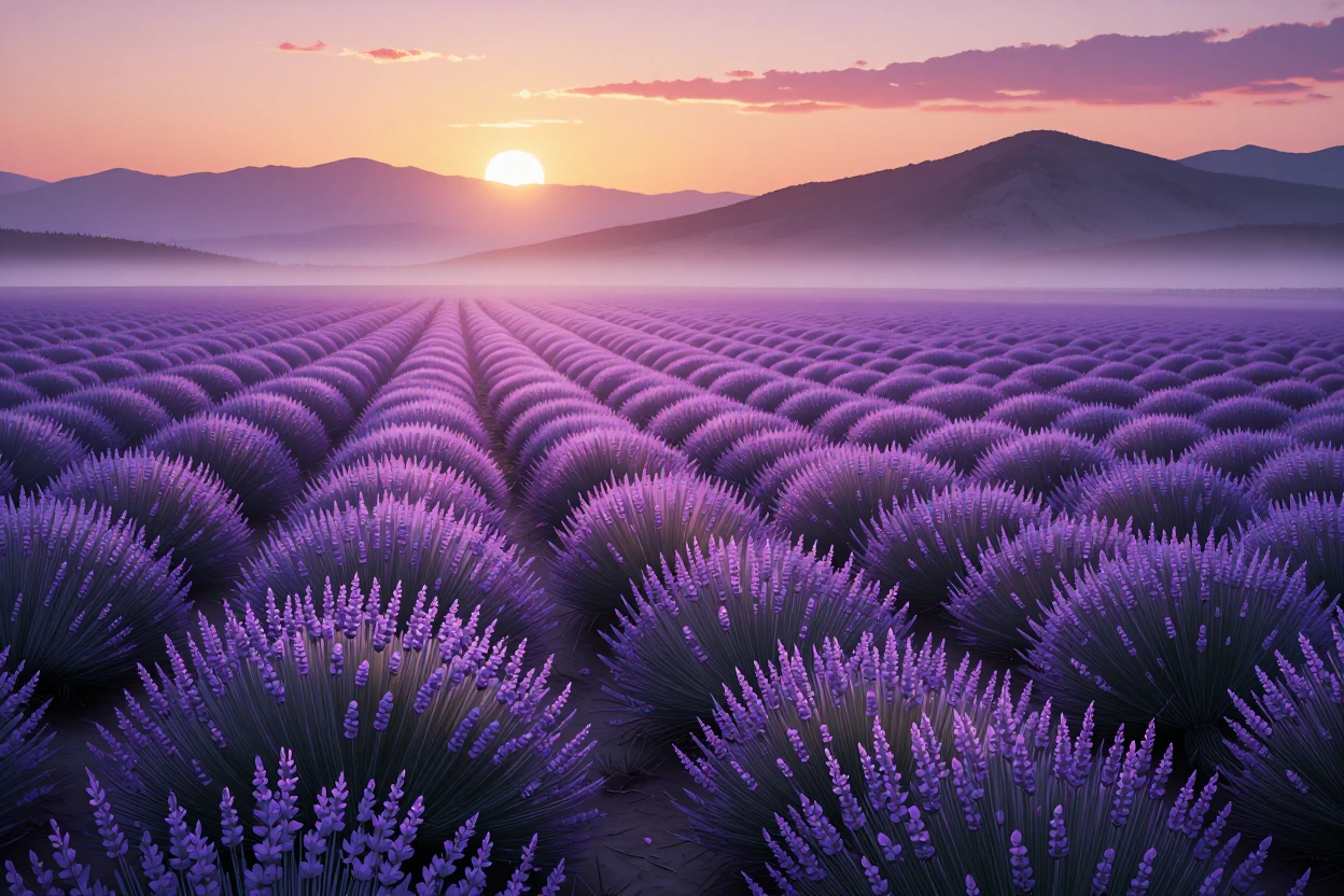 Cinematic anime style landscape, vast lavender fields glowing under a soft sunset sky with gentle mist and distant mountains, vibrant purples and warm oranges, dreamy atmosphere, high detail, emotional serenity, wide landscape composition suitable fo