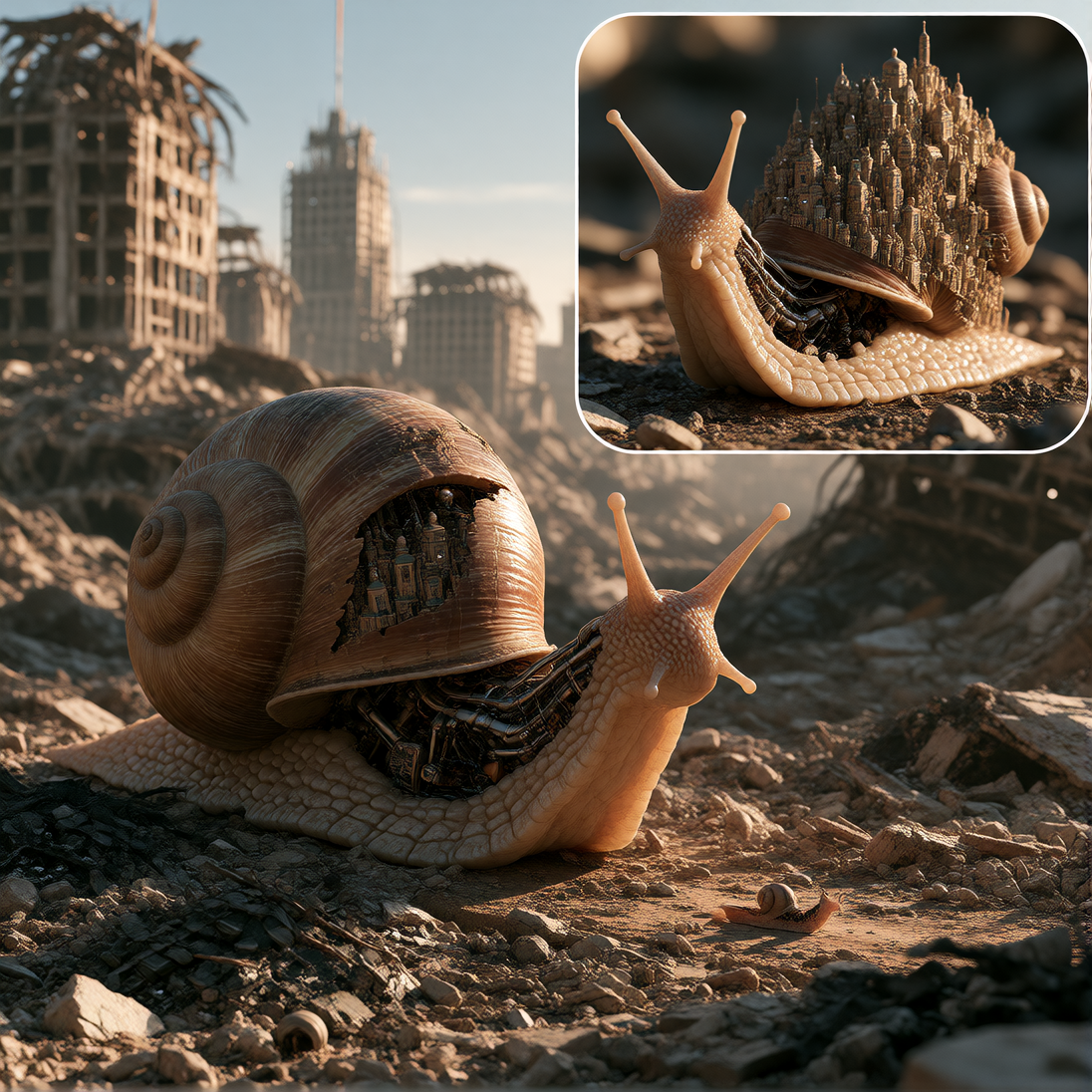 A Snail Carrying The Last City; Dual Image; Main Image: A blasted wrecked city in a post-apocalyptic world completely barren except for one small snai