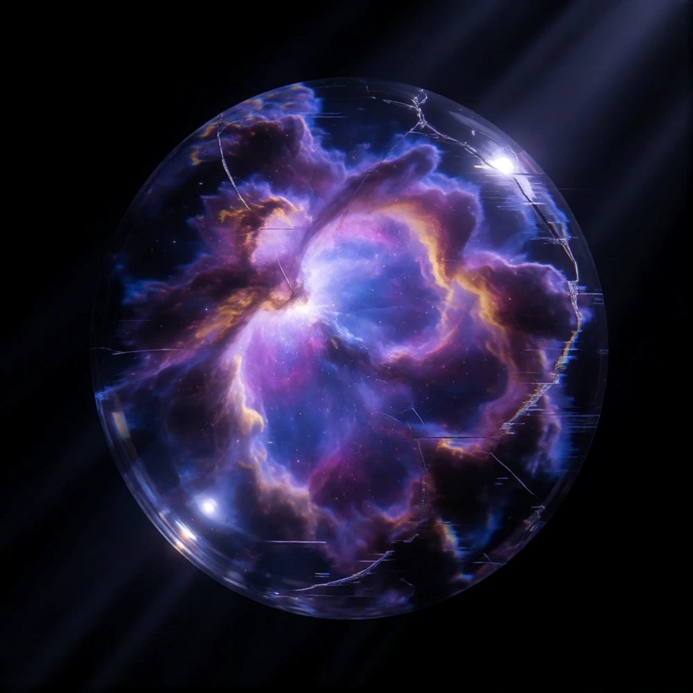 a swirling colorful nebula trapped inside a cracked transparent glass sphere, floating in a pitch black void, subtle digital glitch artifacts around the cracks, cinematic lighting, moody atmosphere, mysterious, surreal realism, octane render