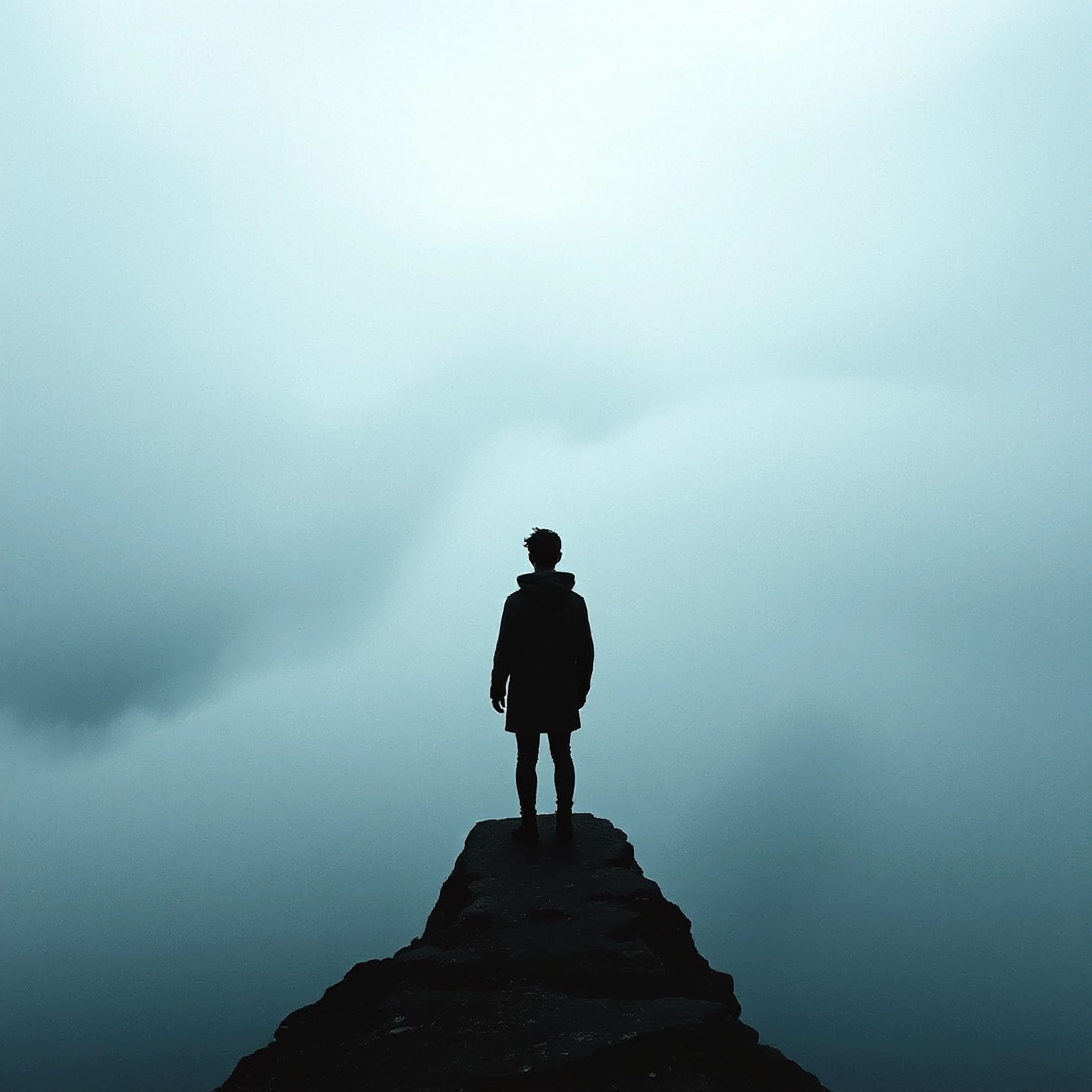 a solitary figure standing at the precipice of existence, silhouetted against an endless expanse where dense fog dissolves into translucent wisps of memory, the atmosphere heavy with salt-laden mist that hangs like suspended tears, liminal space betw