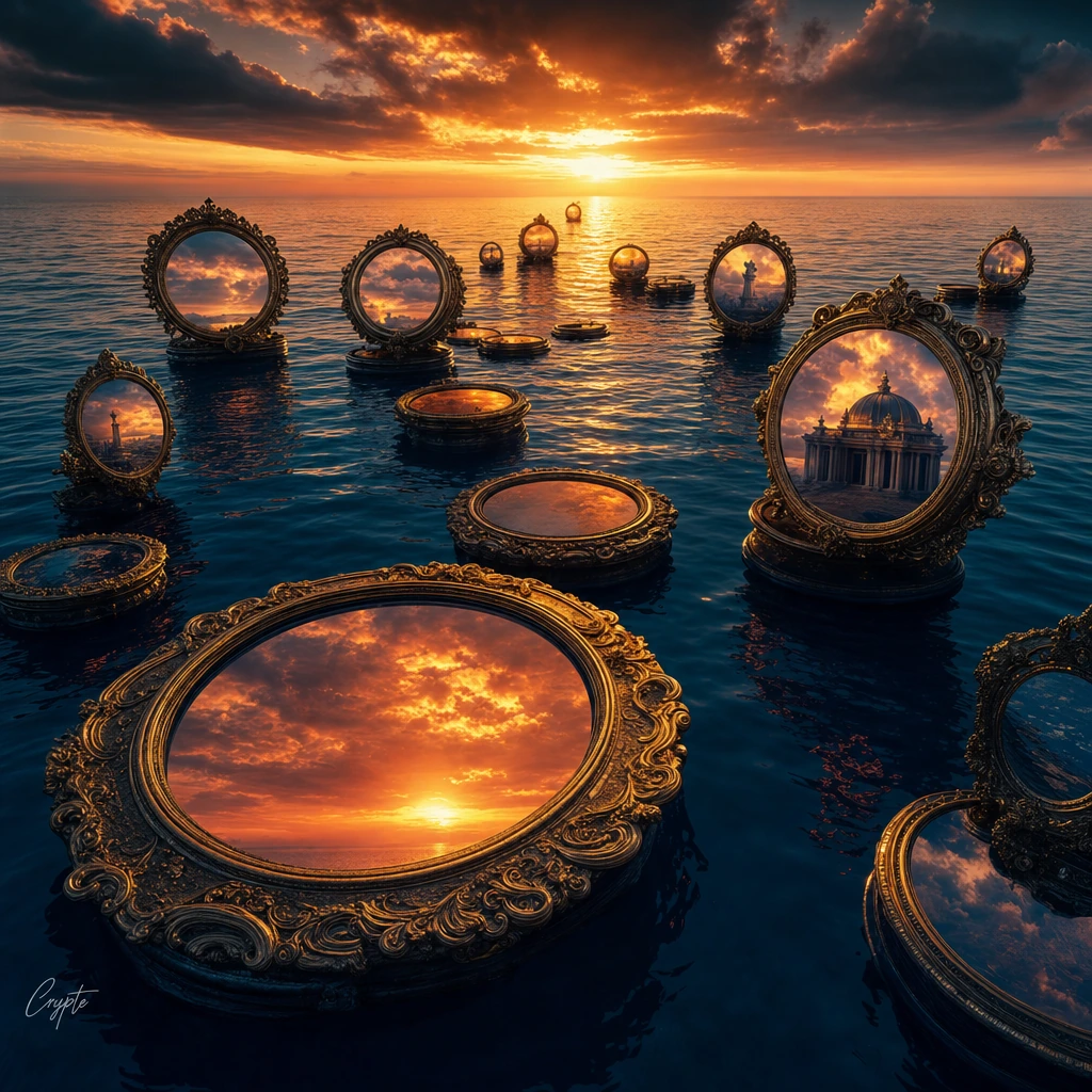 A surreal, dreamlike scene featuring old, richly decorated round frames in golden hues, floating like buoys on a calm, deep-blue ocean. Inside the frames, one can see the reflections of a dazzling and spectacular sunset, with bright orange and deep p