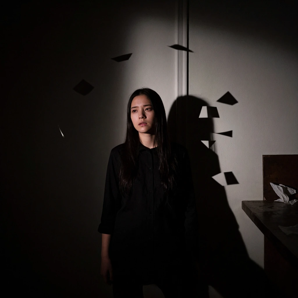 a haunting, fragmented portrait of a person in a shadowy room, features distorting into glitchy geometric shapes, deep shadows, harsh dramatic lighting, uncomfortable atmosphere, surreal and abstract, dark art style
