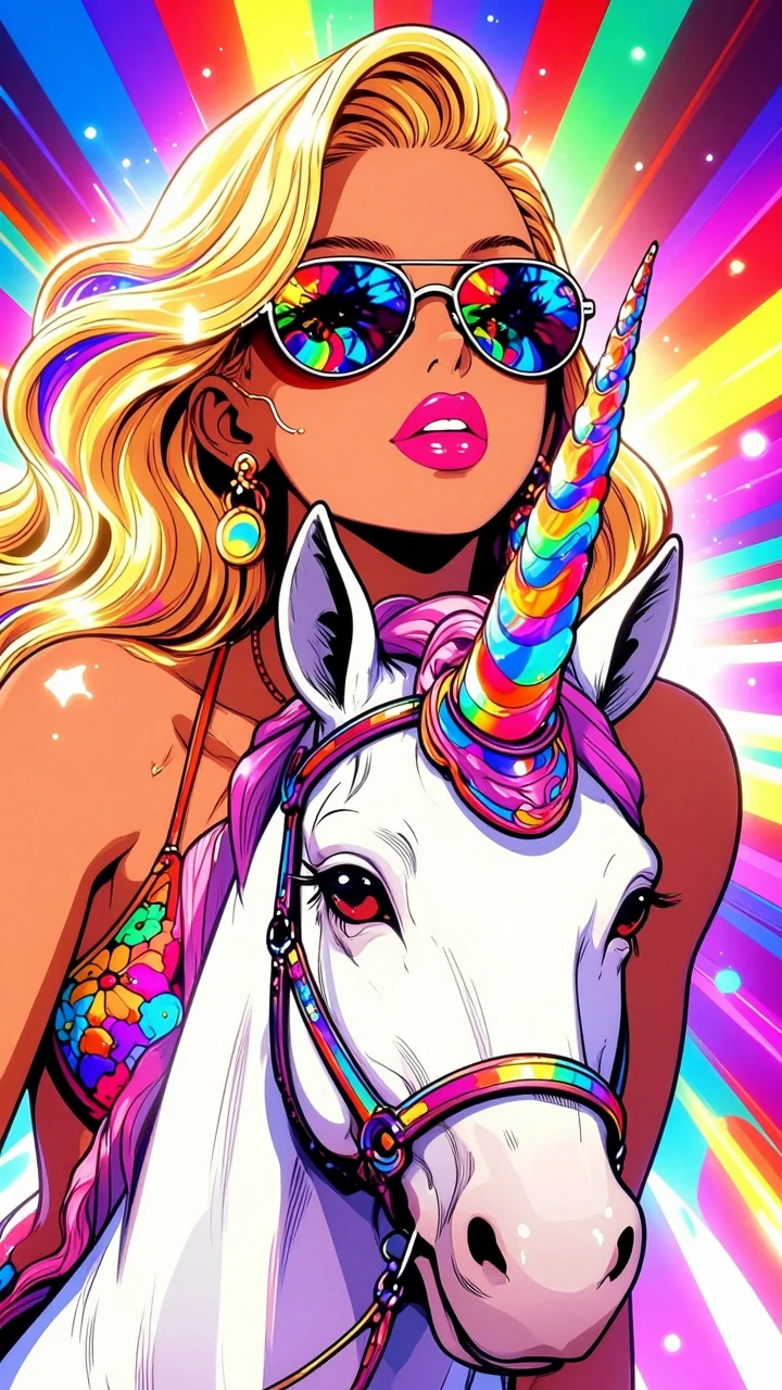 Vibrant neon pop-art digital illustration of a glamorous blonde woman and a unicorn, close-up portrait composition with the woman’s head tilted slightly upward, relaxed expression, glowing blonde hair with neon highlights, large reflective sunglasses
