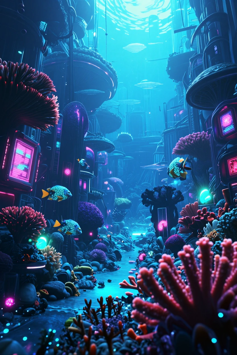 A vibrant, fantastical coral reef teeming with bizarre, otherworldly marine life. Corals pulse with internal light, and strange fish with luminous sca