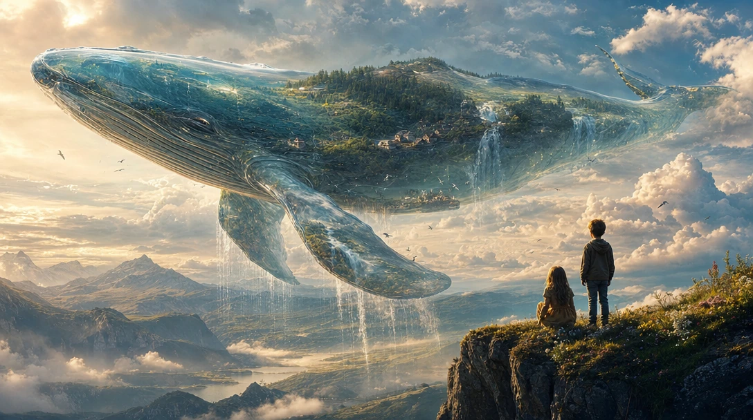 A transparent glass whale, miles long, slowly swims through mountain skies. Inside its body are floating forests, rivers, waterfalls, birds, and tiny villages. As it passes overhead, gentle rain falls from its fins onto the valleys below while childr