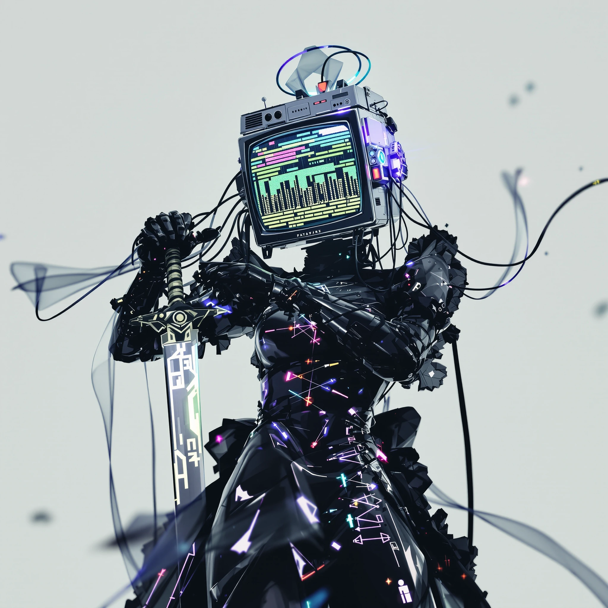 1girl, solo, tv head, old crt monitor, glitch screen, multicolored static, cyber wires, cables, black latex dress, frilly maid outfit, glossy sleeves,