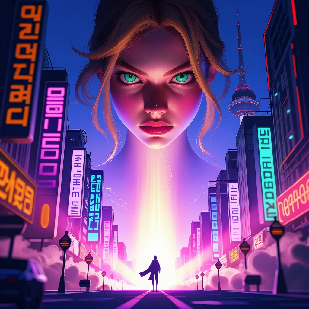 a 24 year old girl from Ukraine, blonde hair, intense green eyes, futuristic Seoul street view at eye-level perspective, no stage, detailed 3D-style g