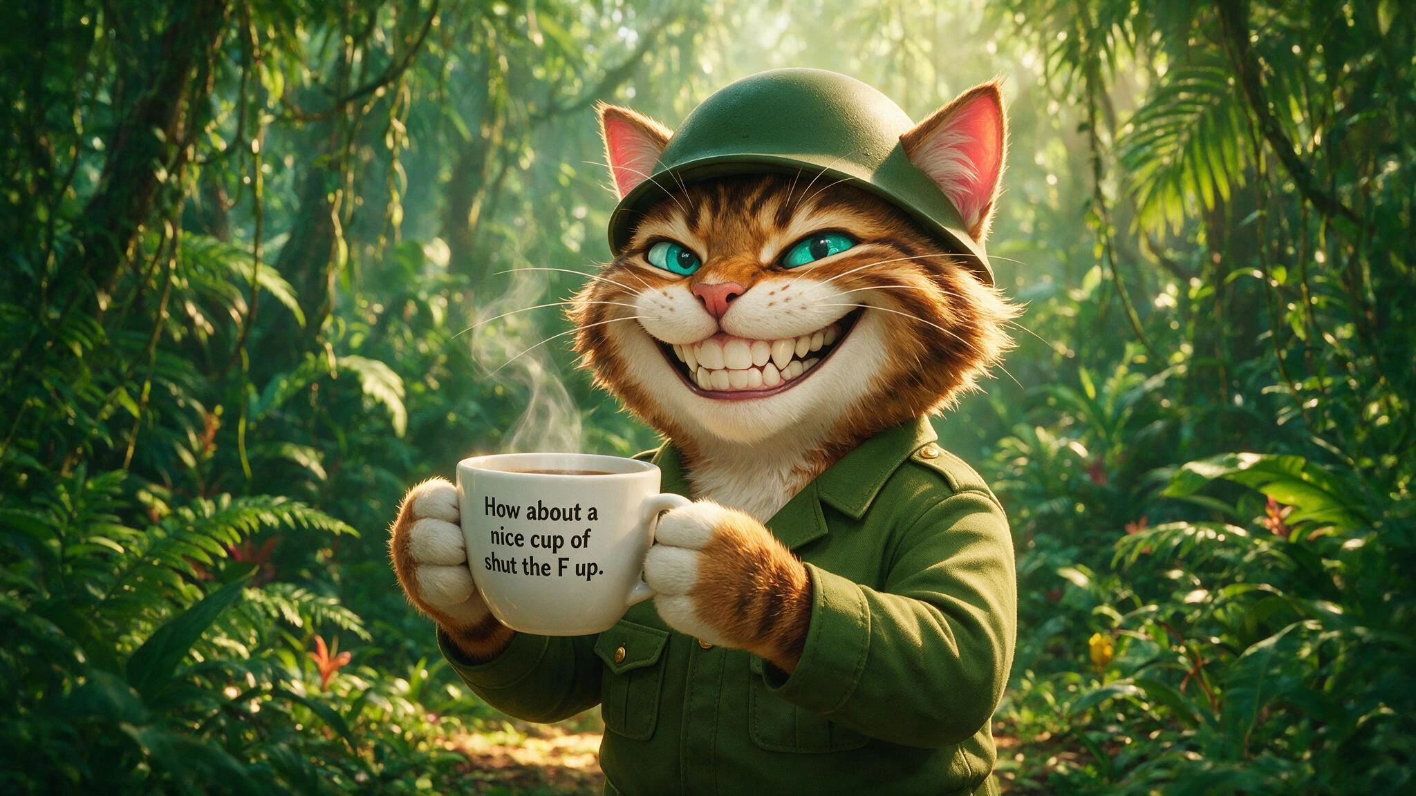 Show a cheerful anthropomorphic cat standing upright in a dense tropical jungle, wearing a solid olive green military uniform with matching green army helmet sitting slightly tilted on its head. The cat holds a white ceramic coffee cup in both paws, 